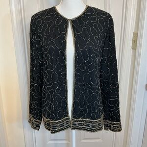 Vintage Beaded Jacket Black Gold Sheer Evening Jacket Medium Formal